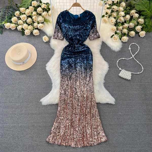 Gradient Color Sequined Fishtail Dress