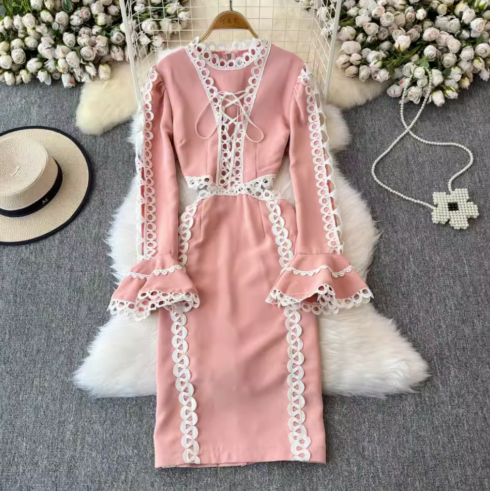 Sweetie Lace-up Hollowed Patchwork Dress