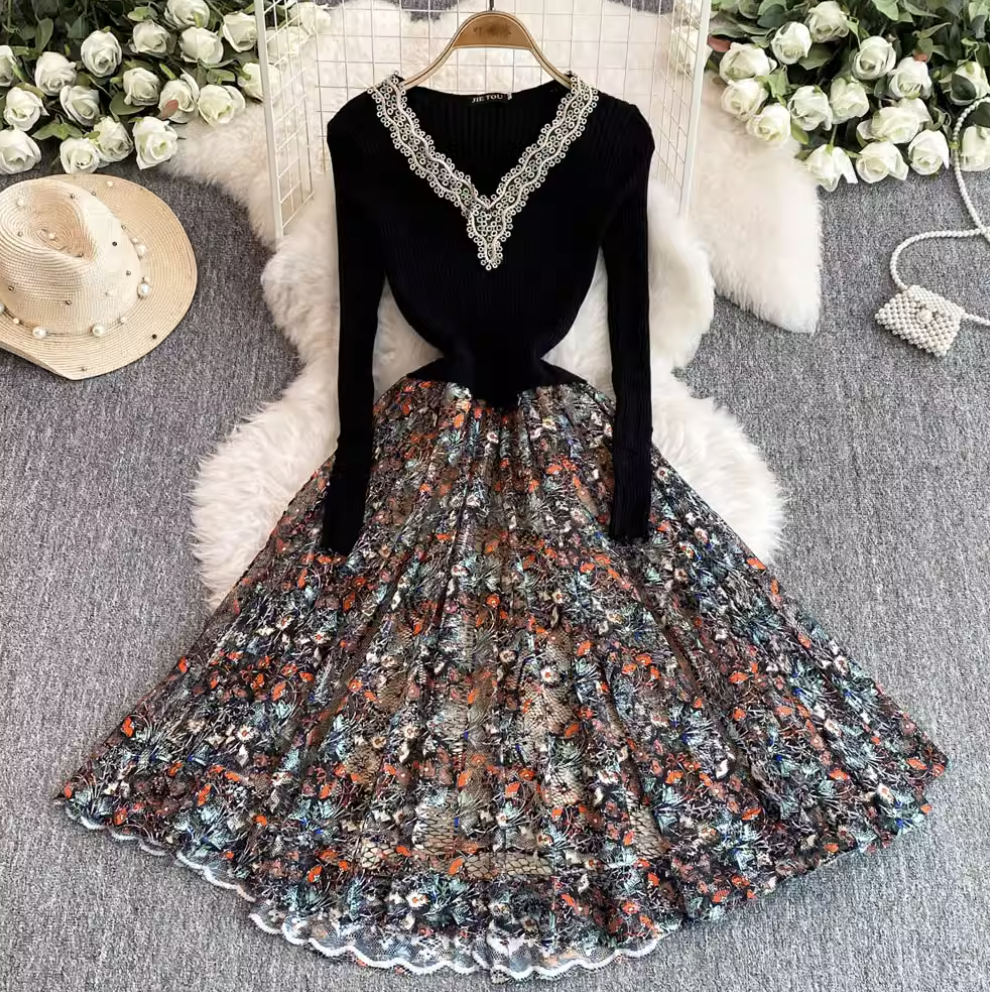 Courtly Floral Patchwork Embroidered Dress