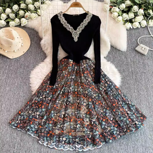 Courtly Floral Patchwork Embroidered Dress
