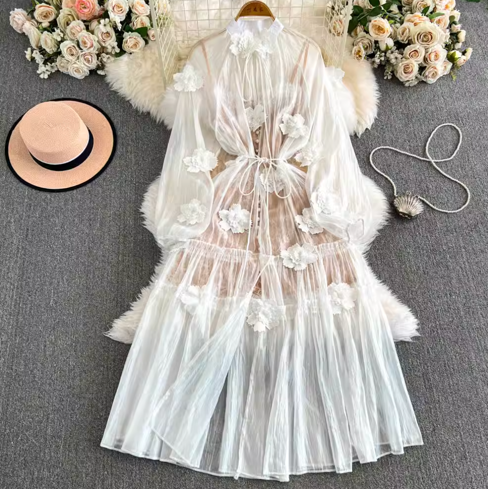 Niche 3d Floral Outwear & Slip Dress 2Pcs