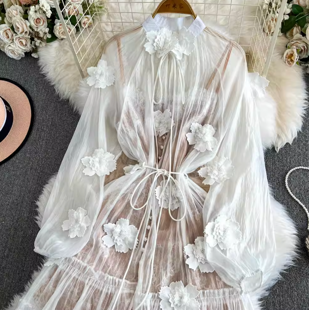 Niche 3d Floral Outwear & Slip Dress 2Pcs