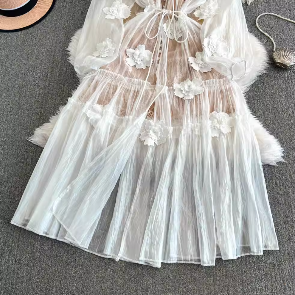 Niche 3d Floral Outwear & Slip Dress 2Pcs