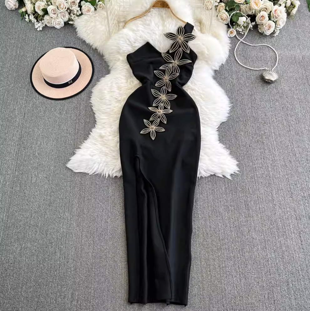 One-slip Rhinestone Flower Black Dress