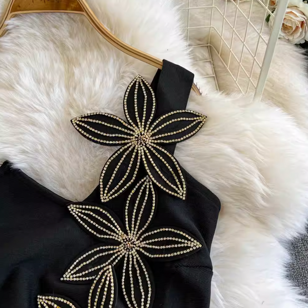 One-slip Rhinestone Flower Black Dress