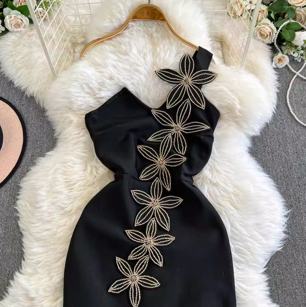 One-slip Rhinestone Flower Black Dress