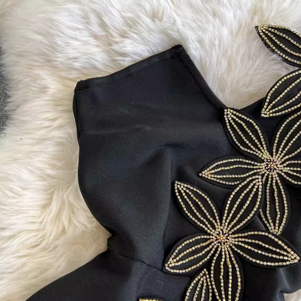 One-slip Rhinestone Flower Black Dress