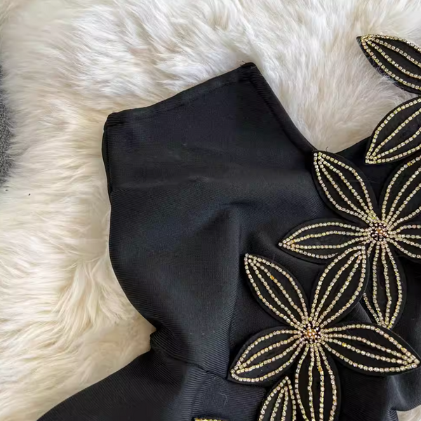 One-slip Rhinestone Flower Black Dress