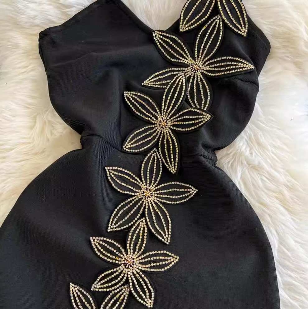One-slip Rhinestone Flower Black Dress