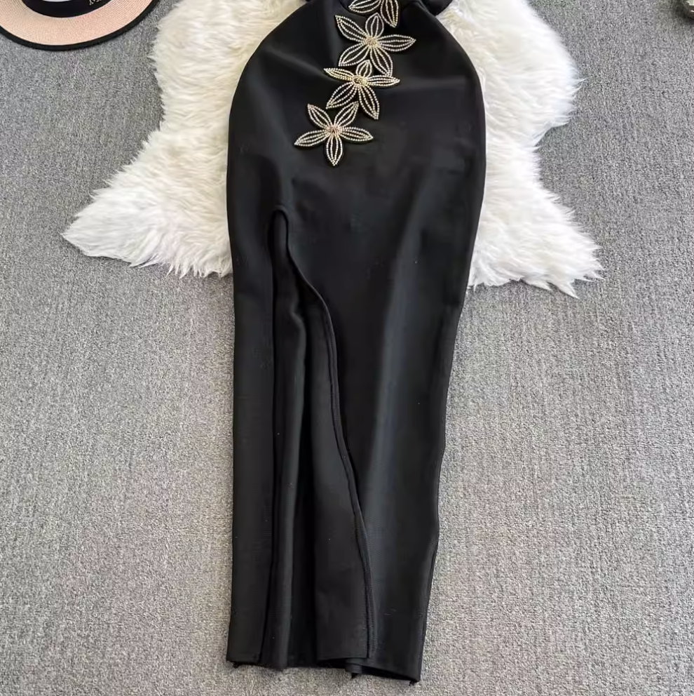 One-slip Rhinestone Flower Black Dress