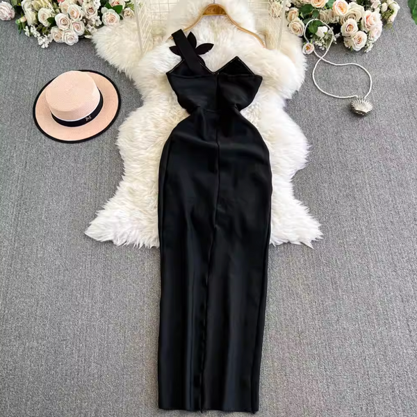 One-slip Rhinestone Flower Black Dress