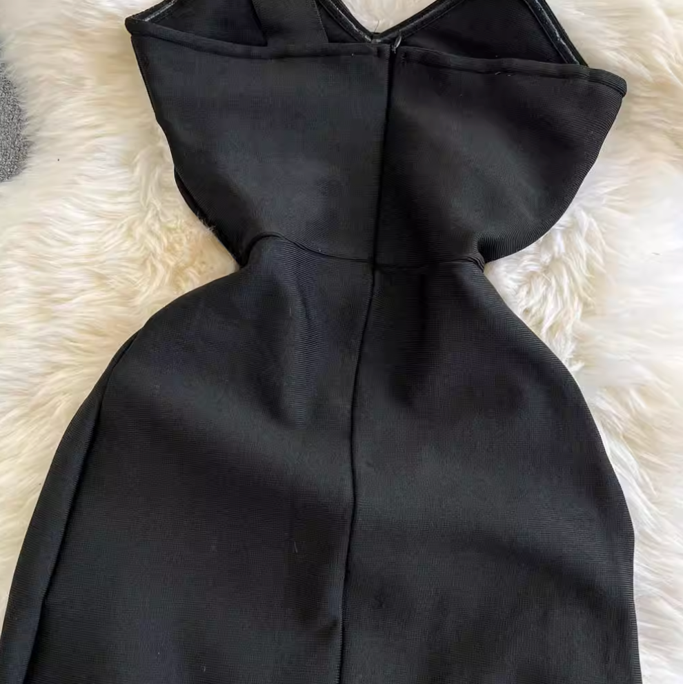 One-slip Rhinestone Flower Black Dress