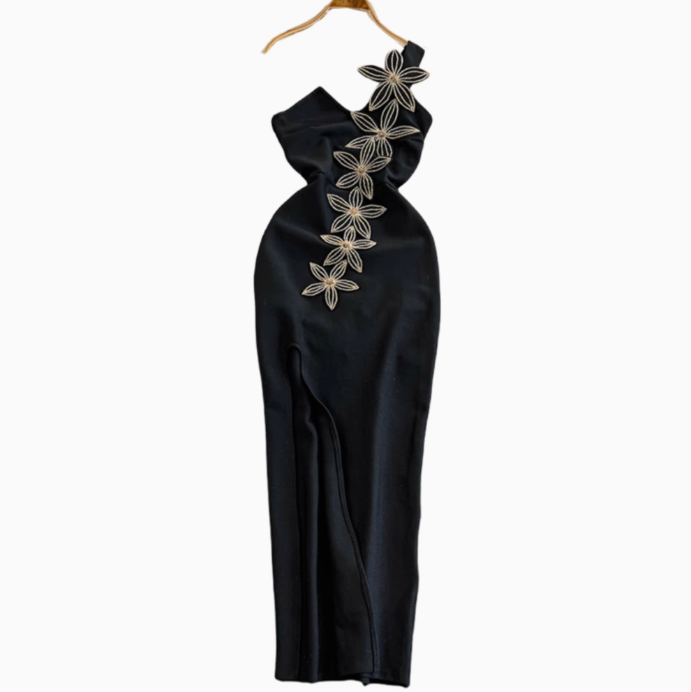 One-slip Rhinestone Flower Black Dress