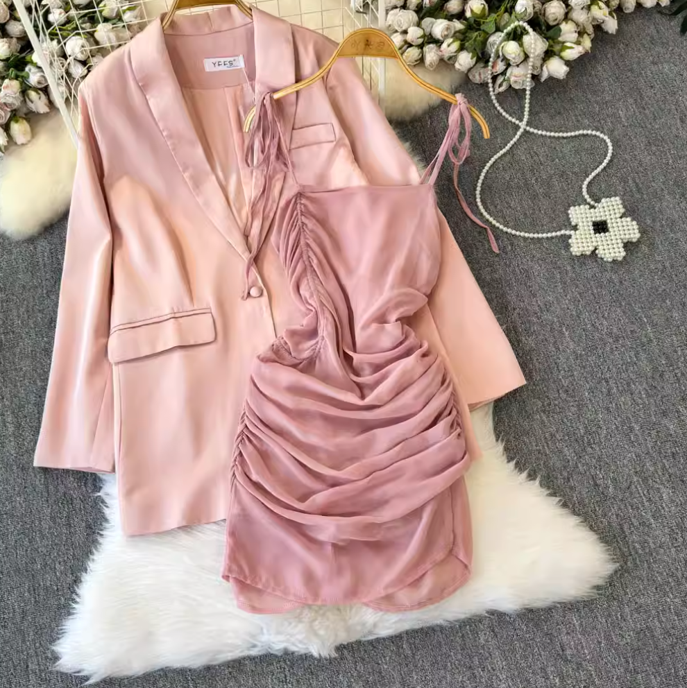 Satin Dress & Slip Dress Pink 2Pcs