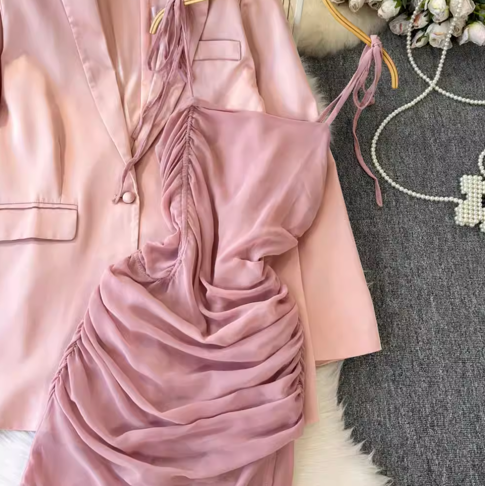 Satin Dress & Slip Dress Pink 2Pcs