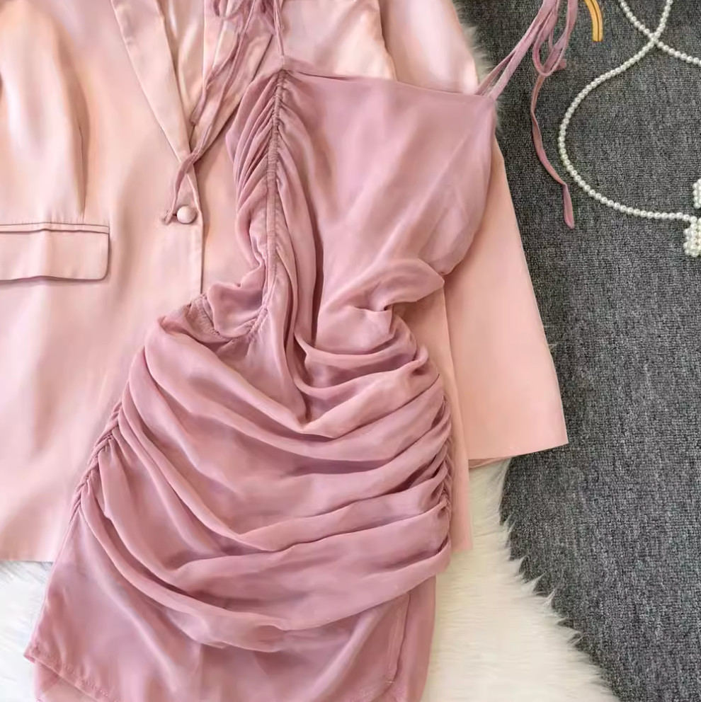 Satin Dress & Slip Dress Pink 2Pcs