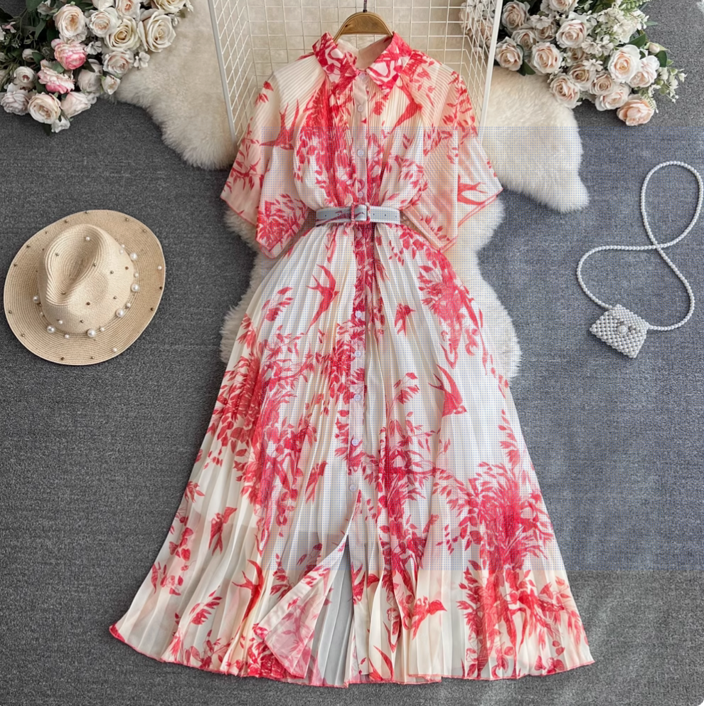 Lapeled Floral Printed Shirt Dress