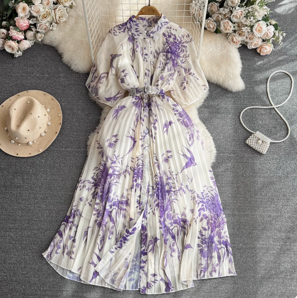 Lapeled Floral Printed Shirt Dress