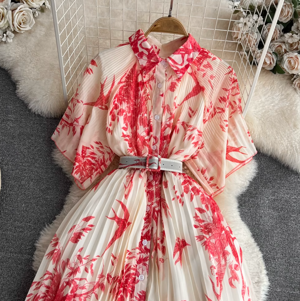 Lapeled Floral Printed Shirt Dress