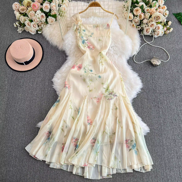 Asymmetric Slip Fair Floral Chiffon Dress