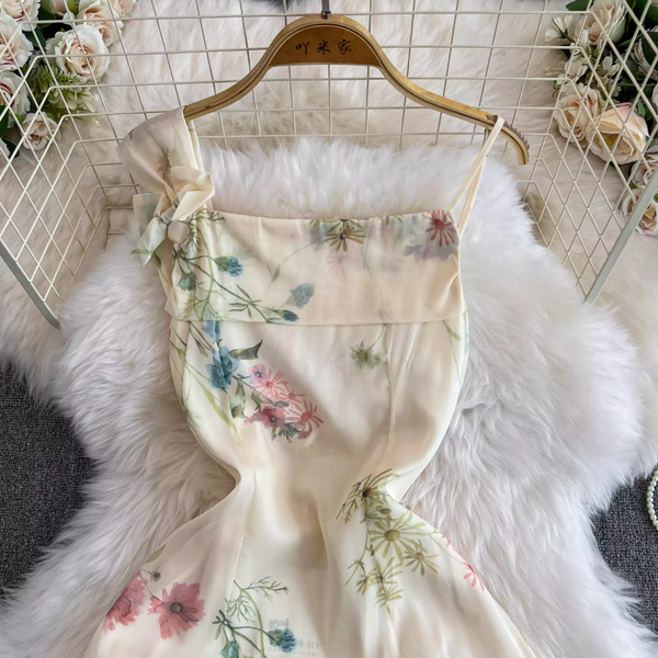 Asymmetric Slip Fair Floral Chiffon Dress