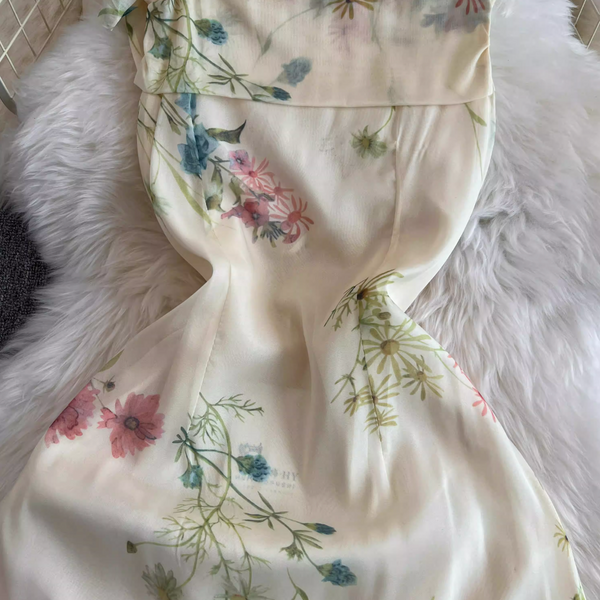 Asymmetric Slip Fair Floral Chiffon Dress