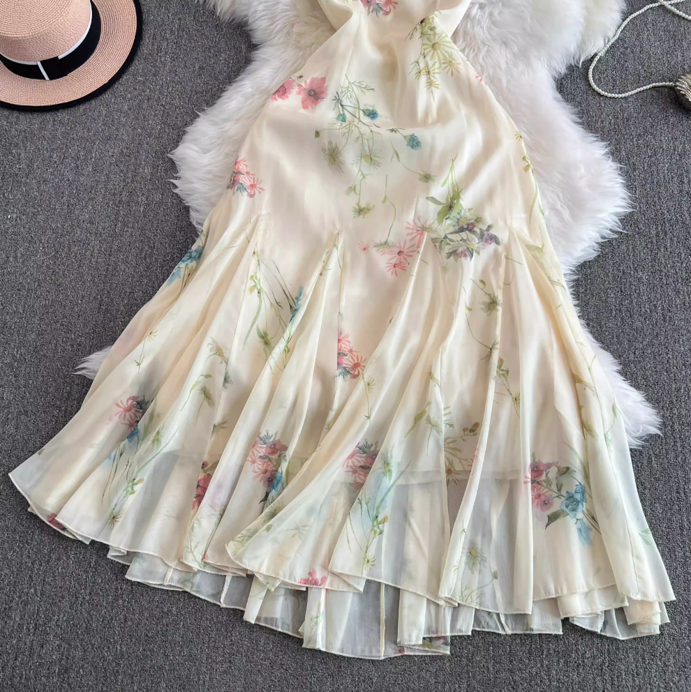 Asymmetric Slip Fair Floral Chiffon Dress