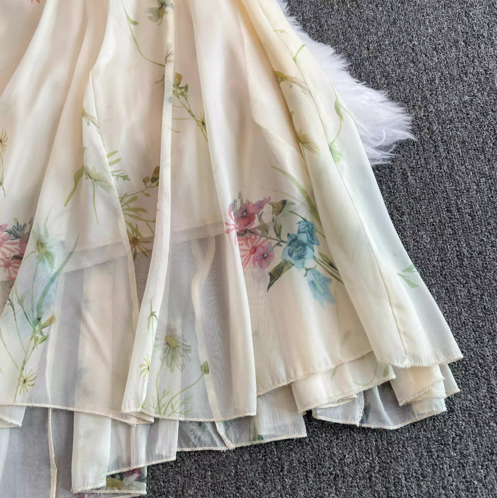 Asymmetric Slip Fair Floral Chiffon Dress