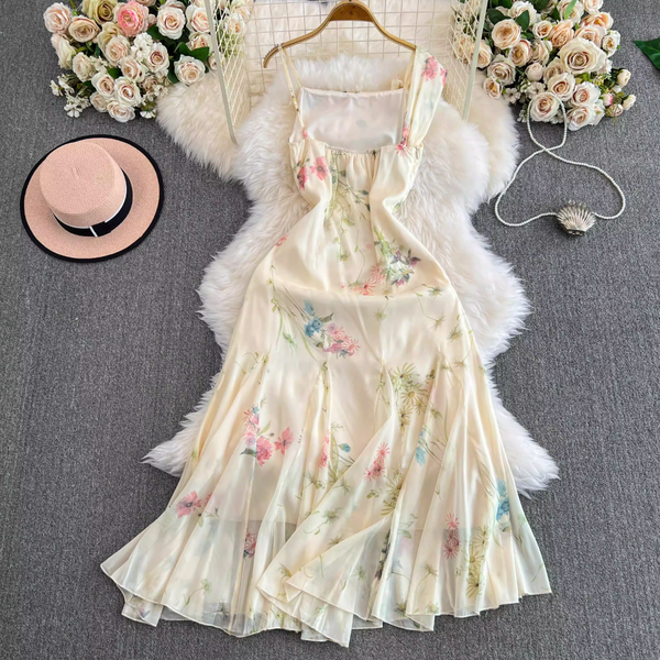 Asymmetric Slip Fair Floral Chiffon Dress