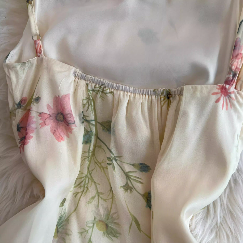 Asymmetric Slip Fair Floral Chiffon Dress