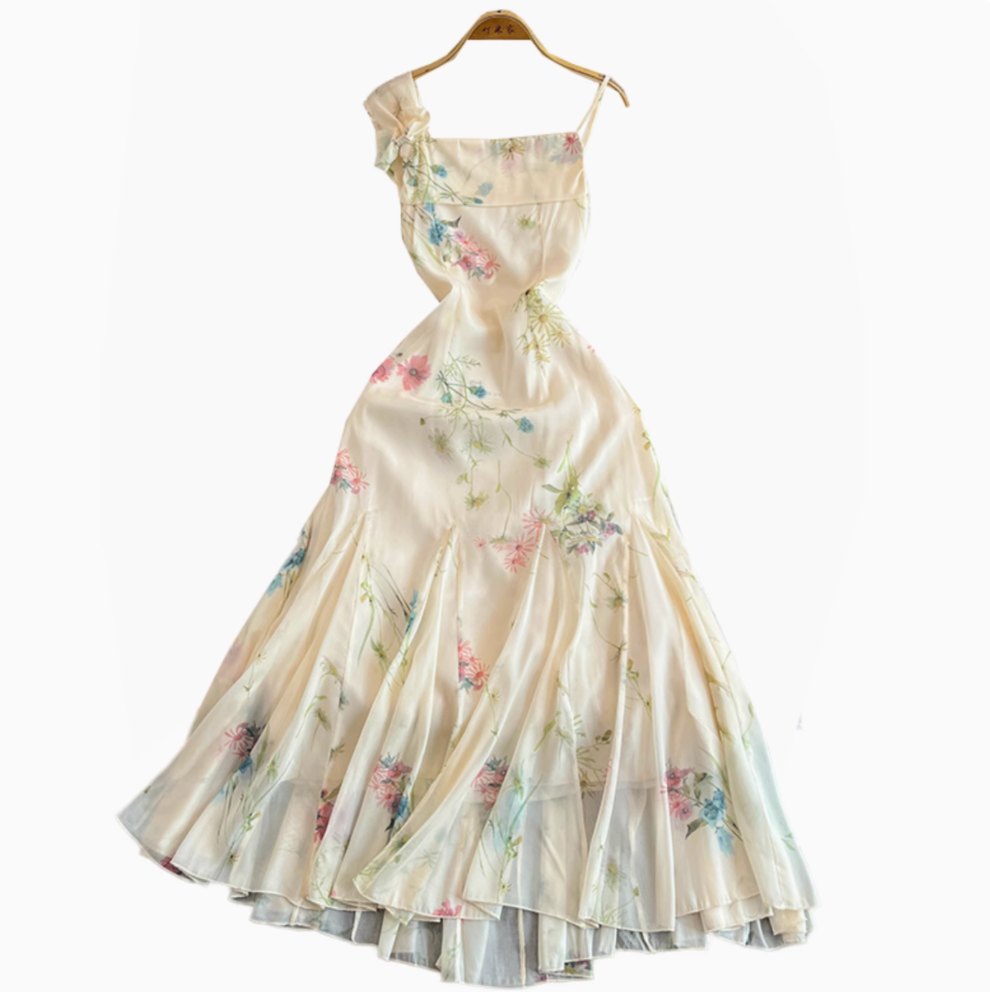 Asymmetric Slip Fair Floral Chiffon Dress
