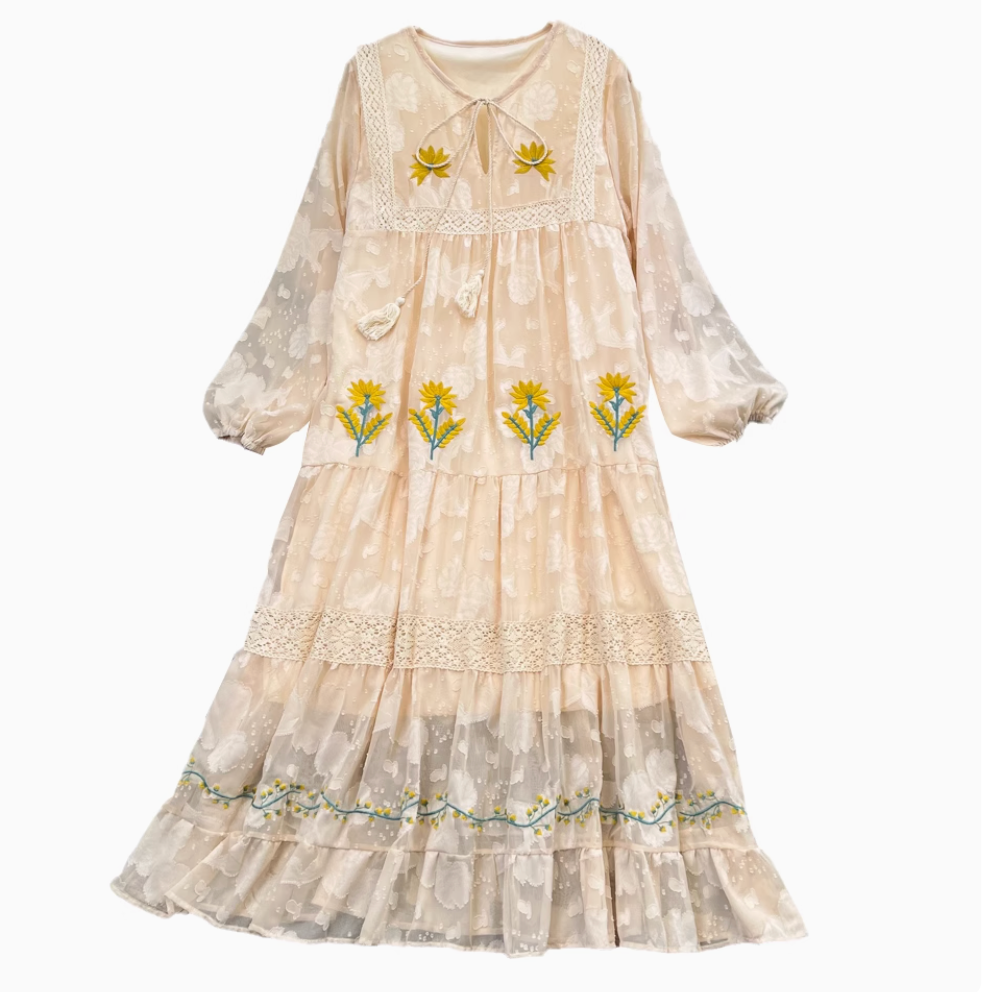 Loose-fit Flower Embroidered Dress