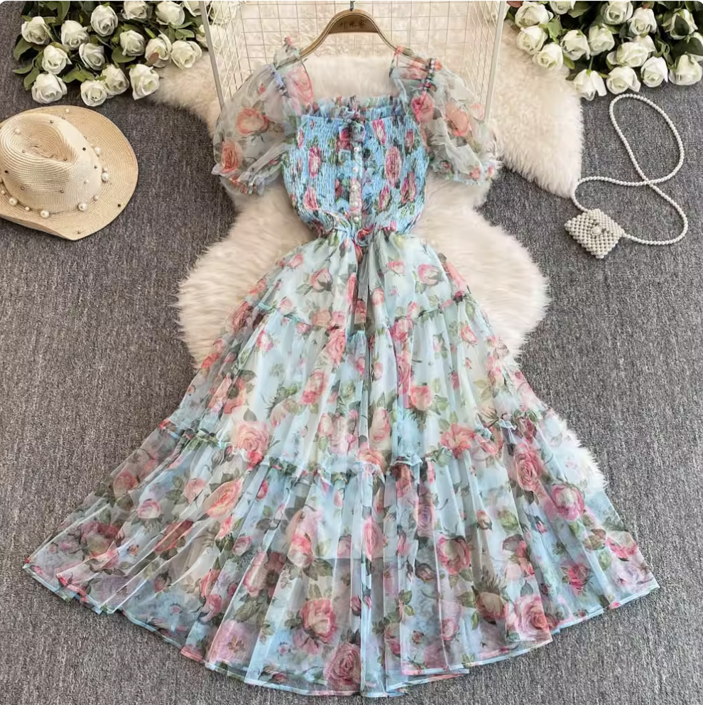 French Style Ruffled Floral Mesh Dress