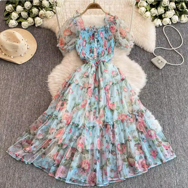 French Style Ruffled Floral Mesh Dress