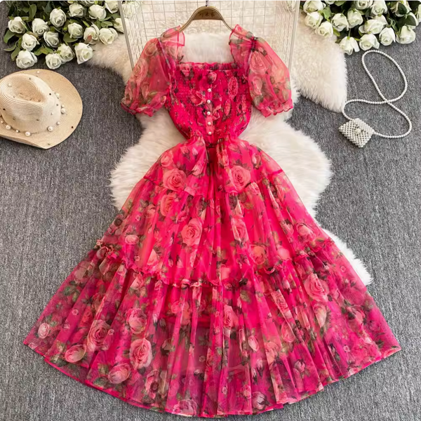 French Style Ruffled Floral Mesh Dress