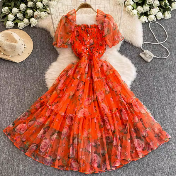 French Style Ruffled Floral Mesh Dress