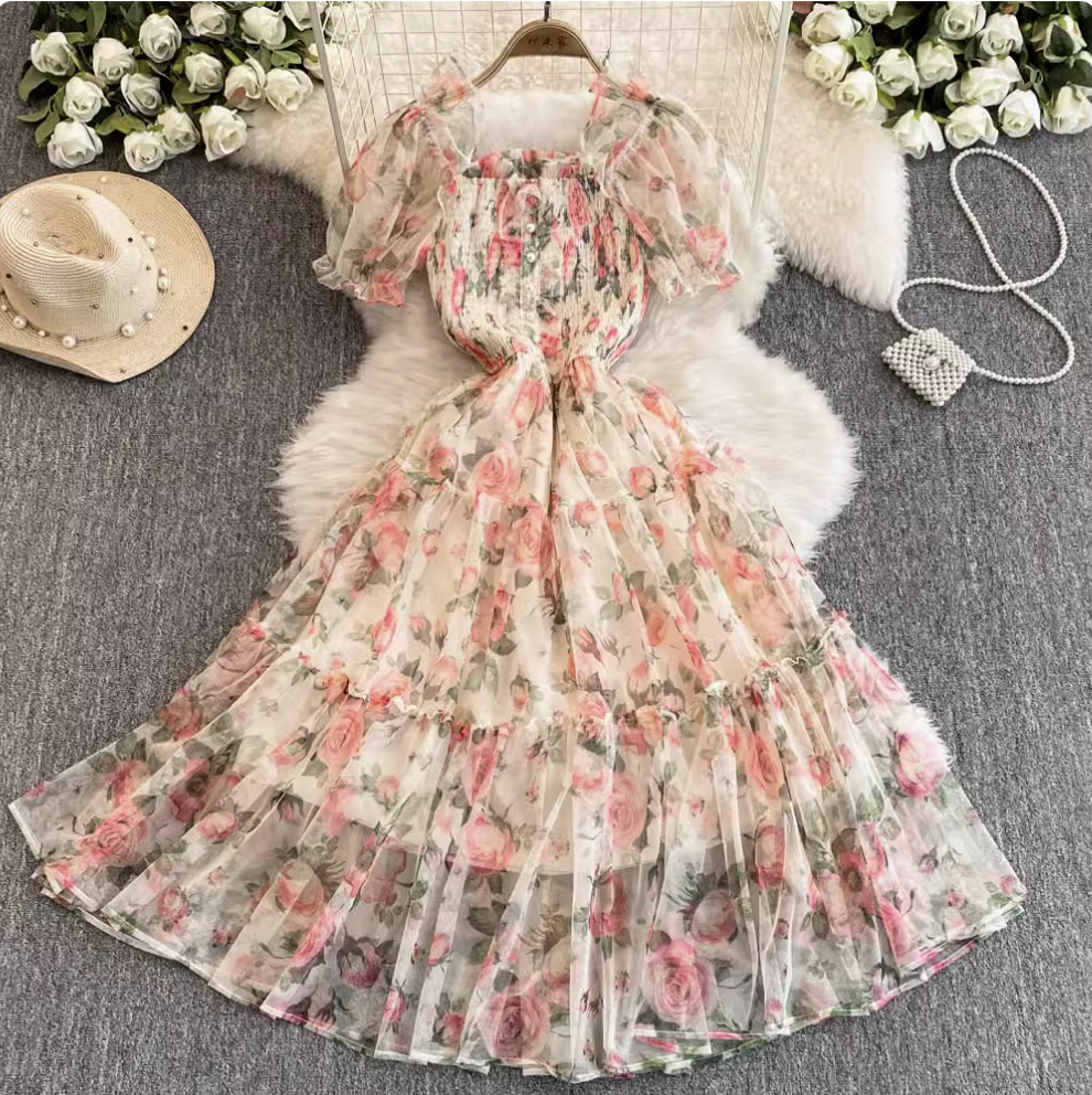 French Style Ruffled Floral Mesh Dress