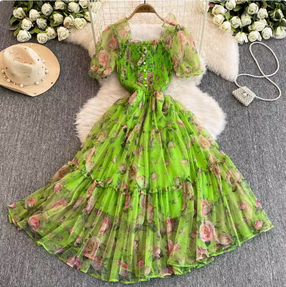 French Style Ruffled Floral Mesh Dress