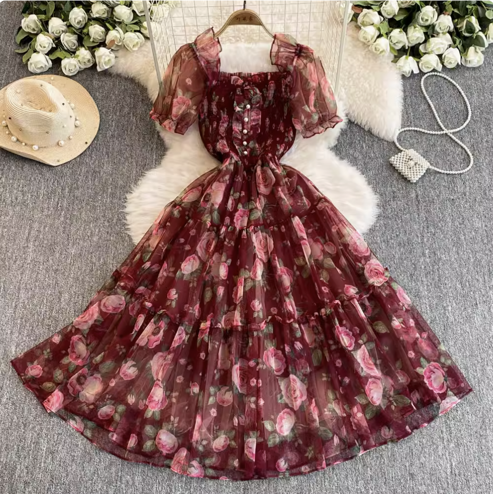 French Style Ruffled Floral Mesh Dress