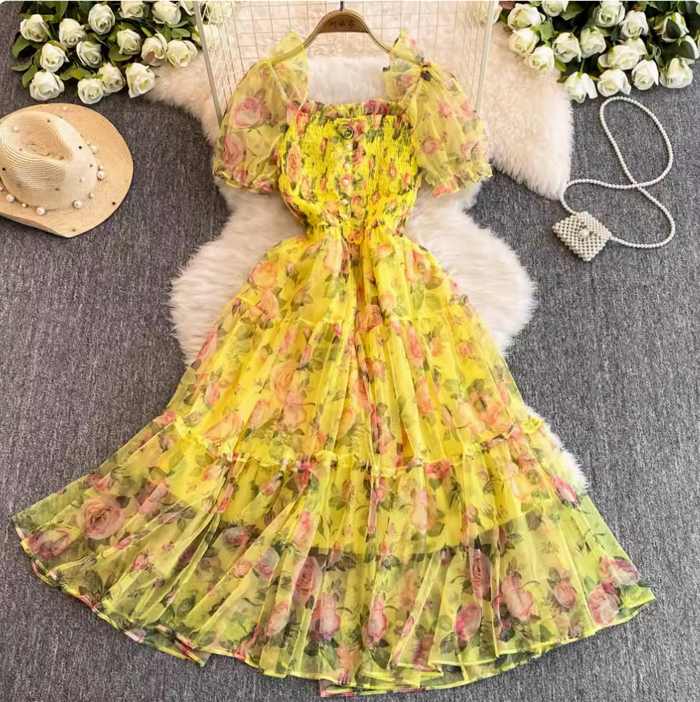 French Style Ruffled Floral Mesh Dress