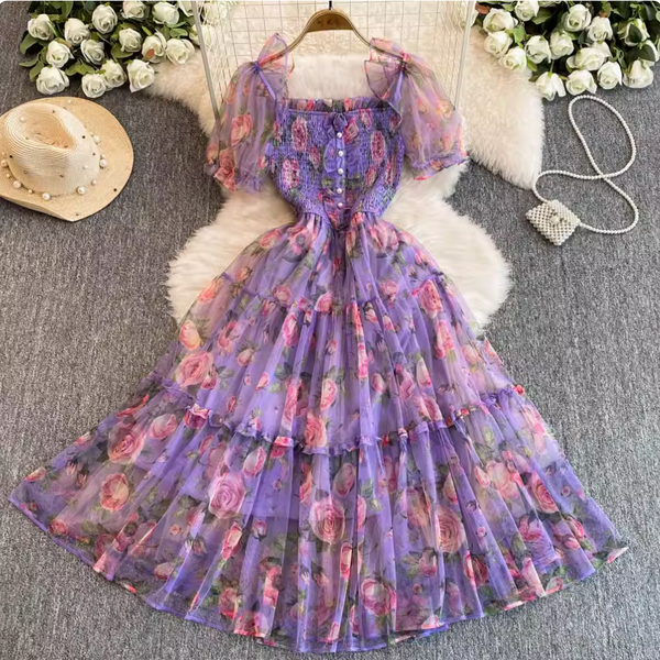 French Style Ruffled Floral Mesh Dress