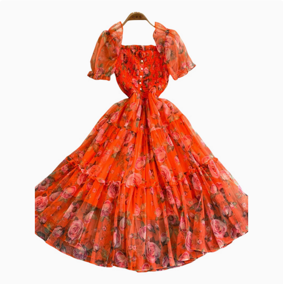 French Style Ruffled Floral Mesh Dress