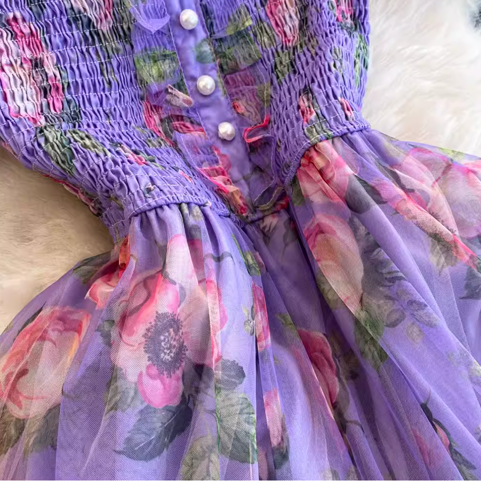 French Style Ruffled Floral Mesh Dress