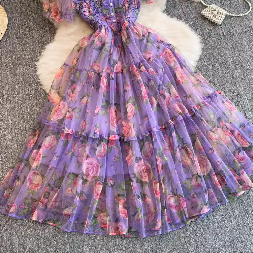 French Style Ruffled Floral Mesh Dress