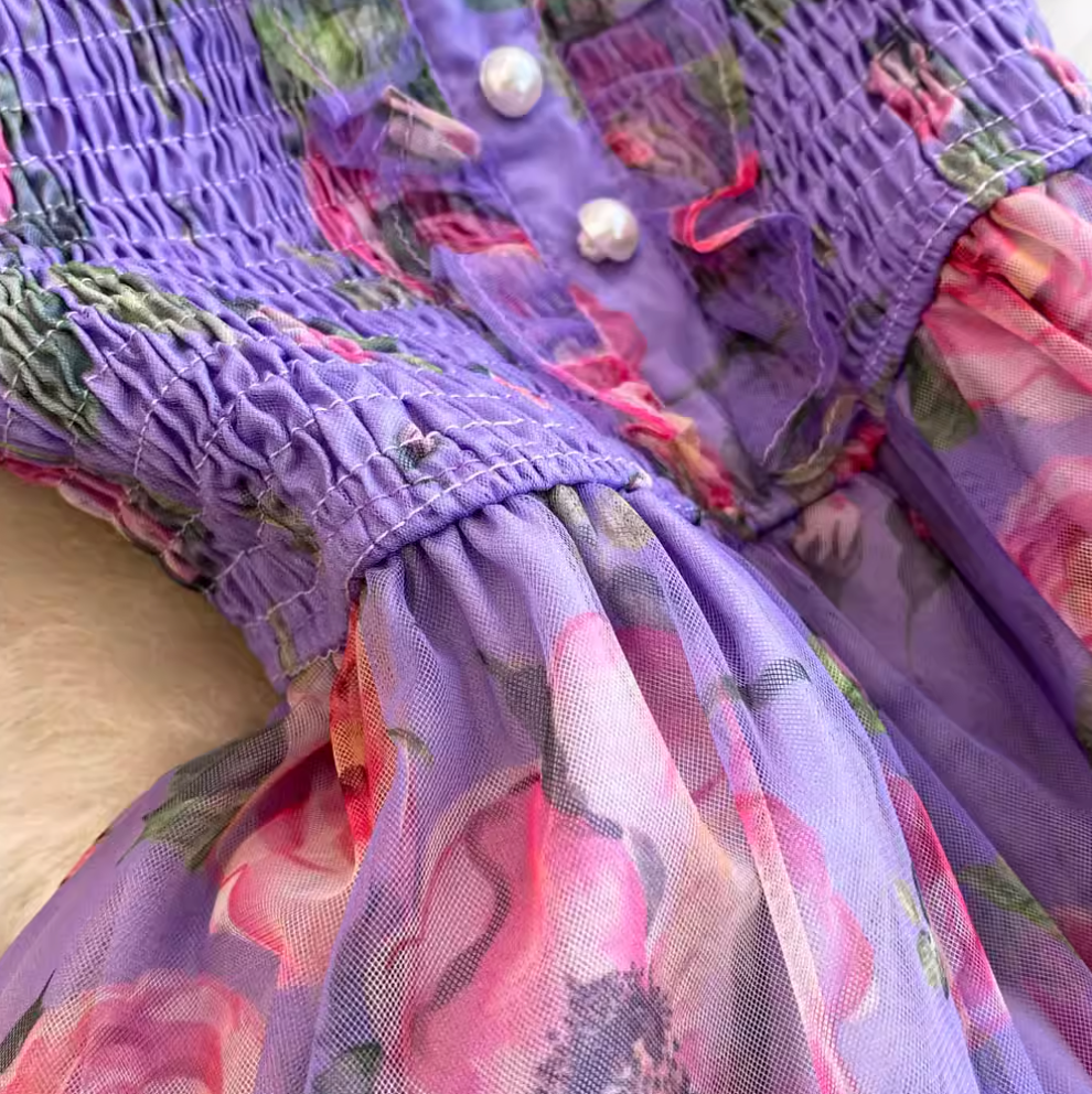 French Style Ruffled Floral Mesh Dress