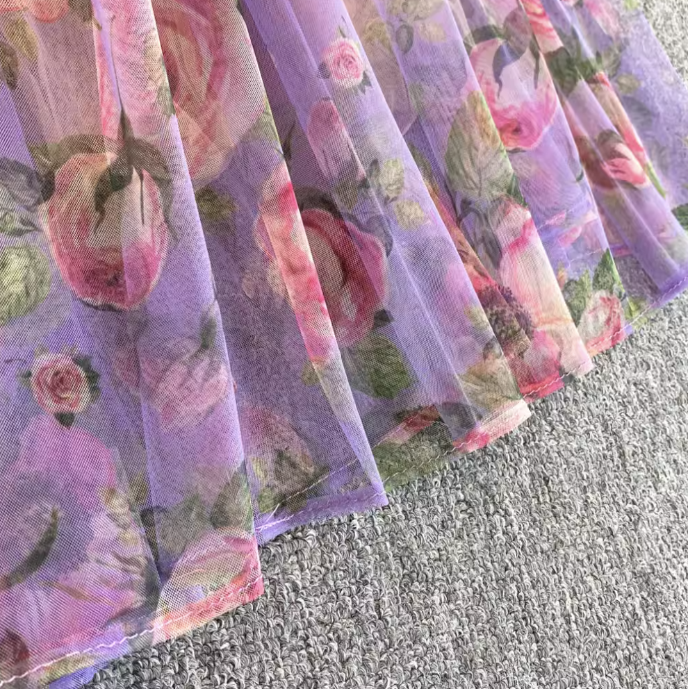 French Style Ruffled Floral Mesh Dress