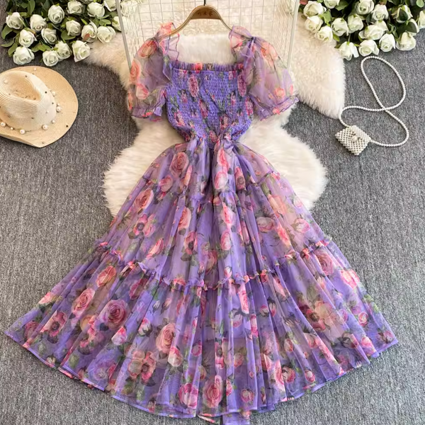 French Style Ruffled Floral Mesh Dress