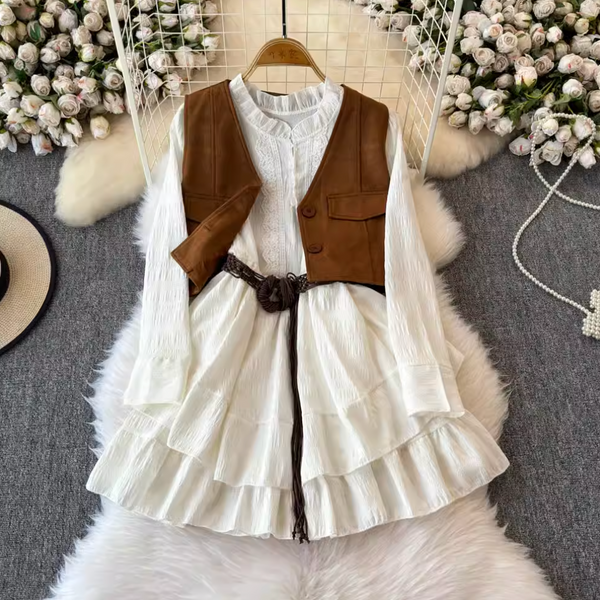 Ruffled Shirt Dress & Suede Vest 2Pcs