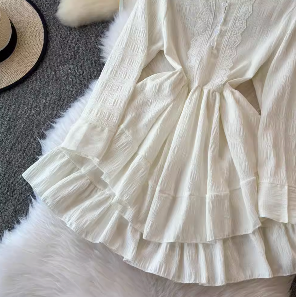 Ruffled Shirt Dress & Suede Vest 2Pcs