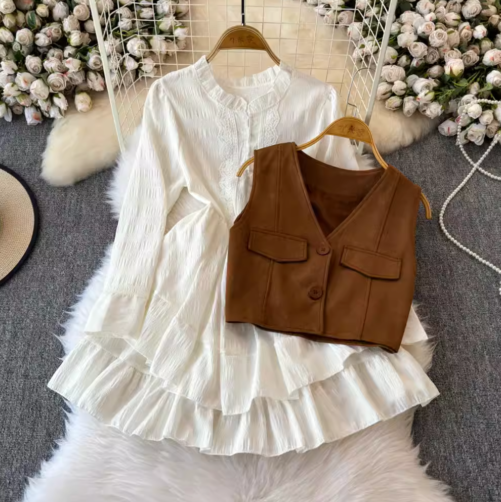 Ruffled Shirt Dress & Suede Vest 2Pcs